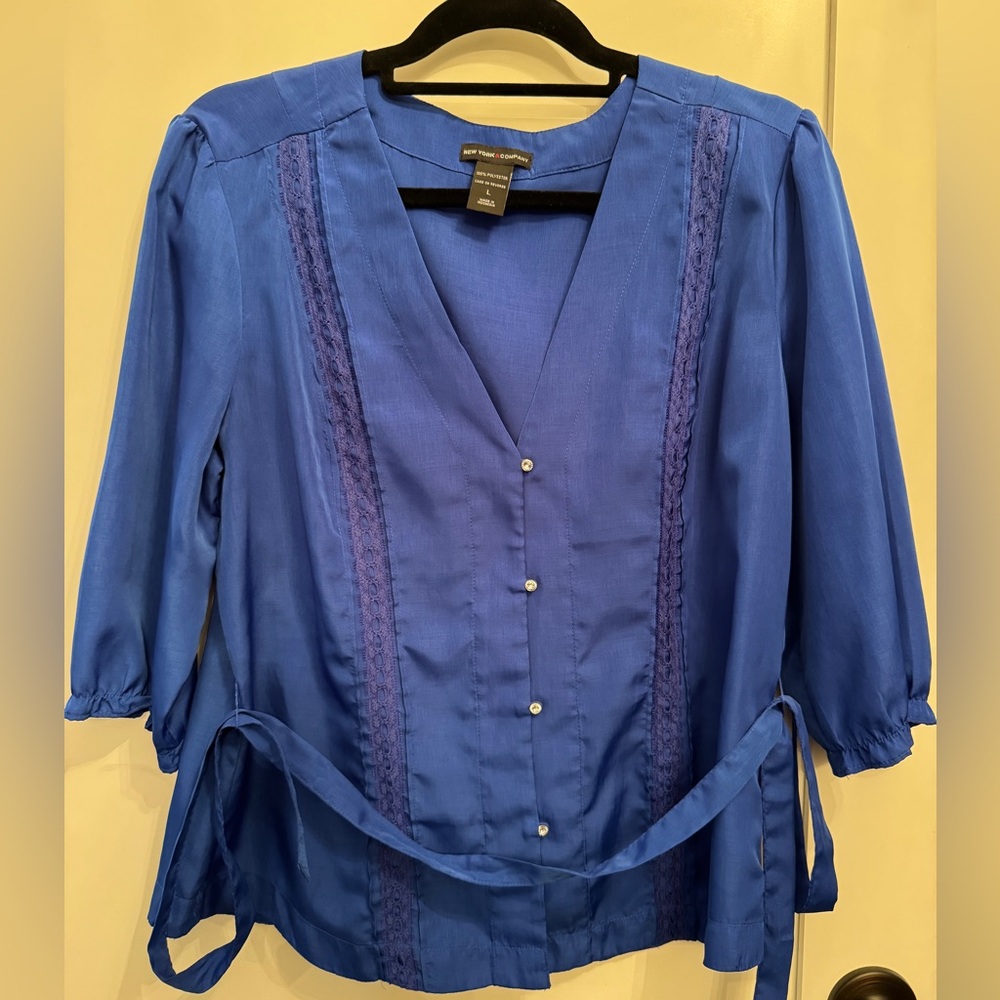 New York & Company Royal Blue Blouse with Lace Accents